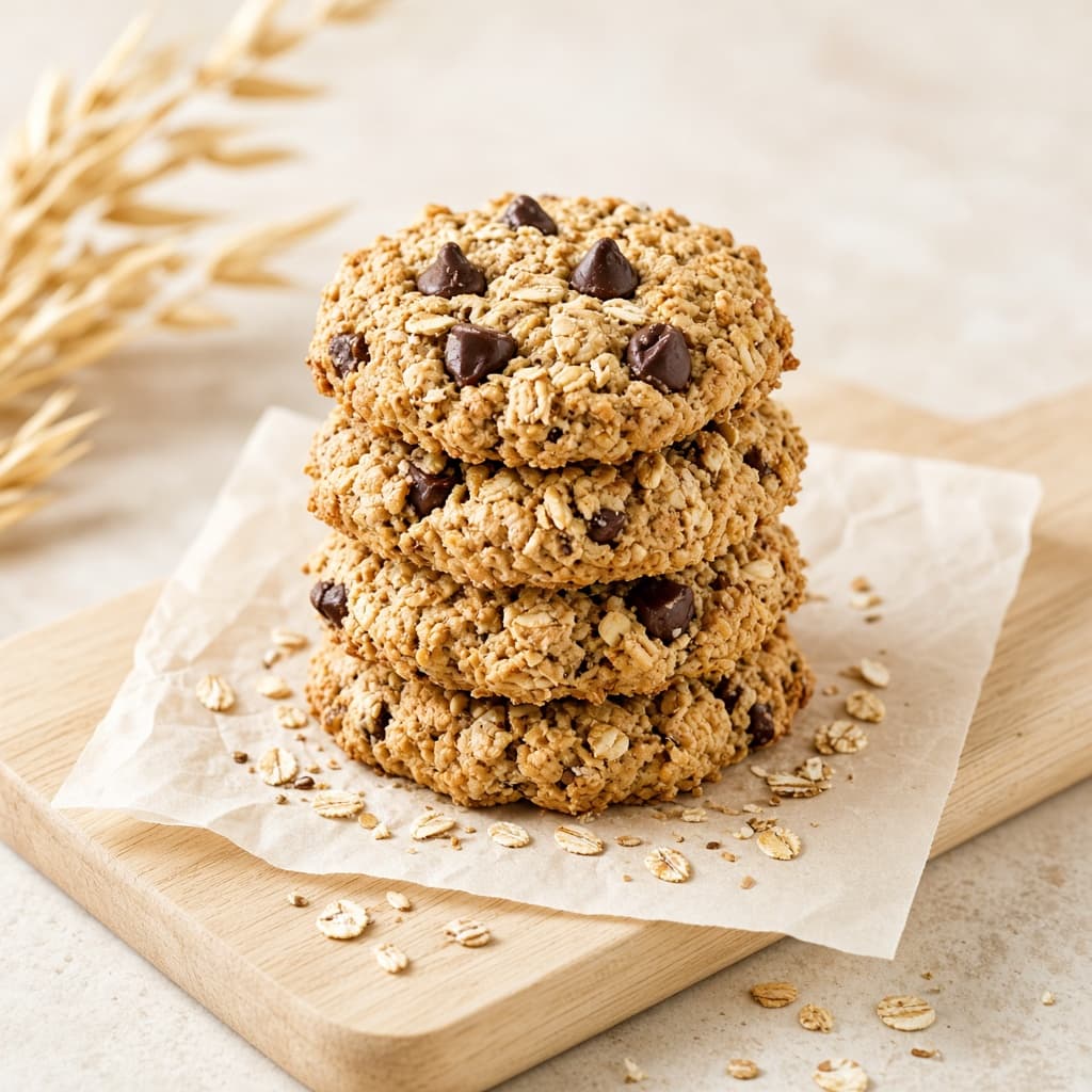A stack of oat cookies with seeds and chocolate
