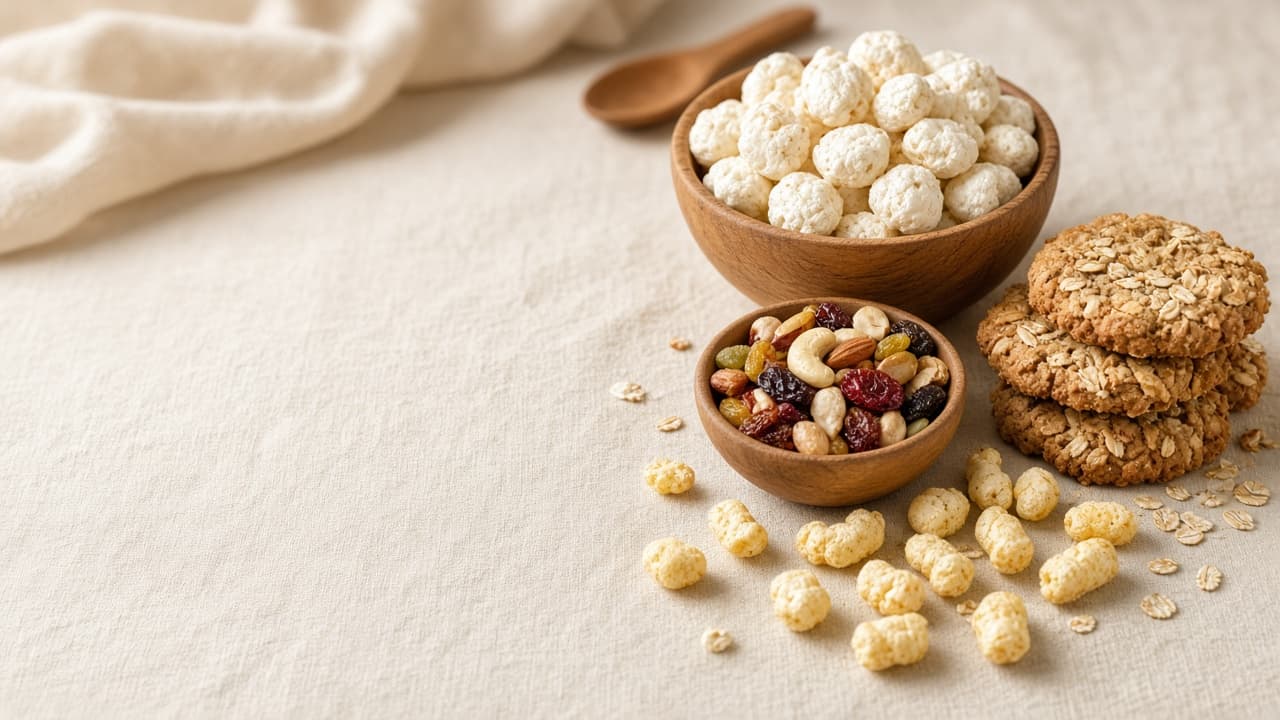 Makhana, trail mix, and cookies arranged on a cream table