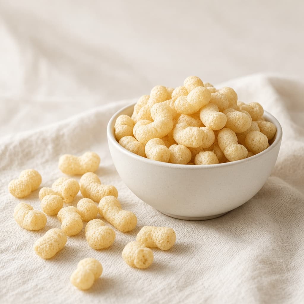 A bowl of light extruded snack puffs