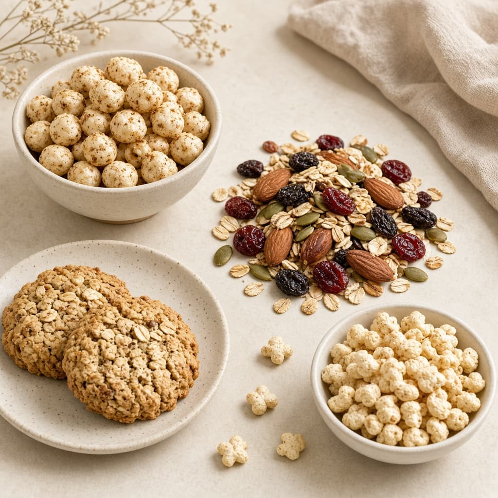 An assortment of makhana, cookies, and trail mix